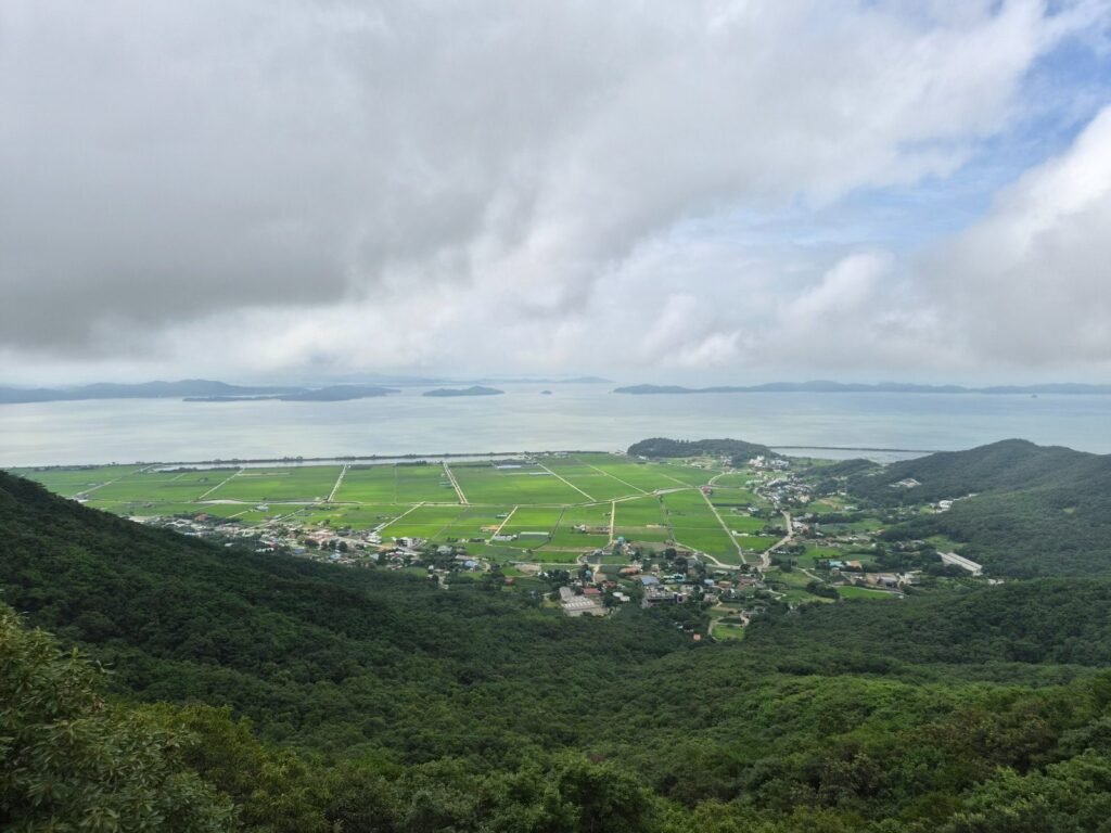 View from the ridge on Manisan over Ganghwa Island's farmland, hills and the estuary beyond
