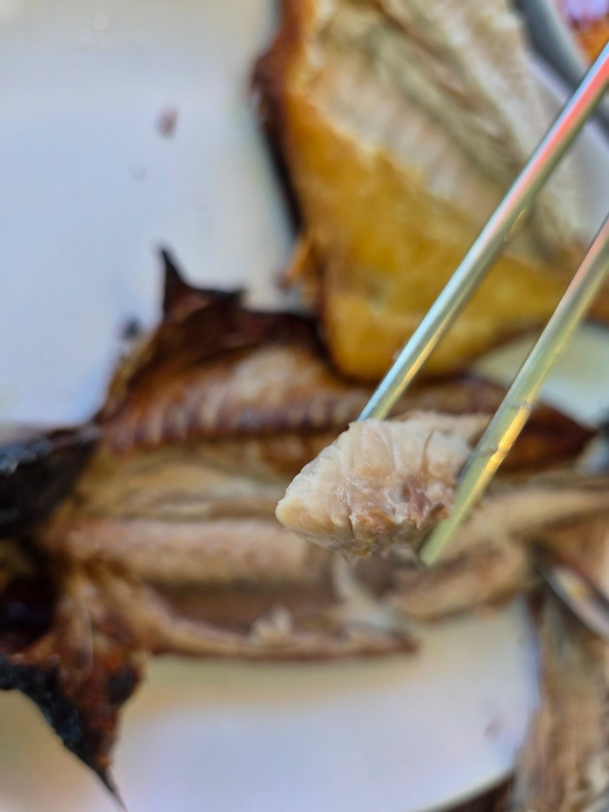 Chopsticks lifting a piece of white flesh from a whole grilled fish on a plate, crisp browned skin alongside