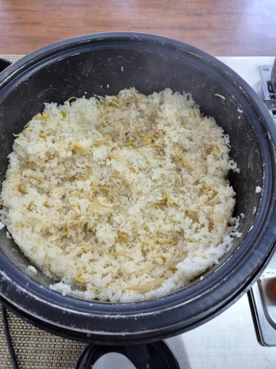 Open rice cooker filled with soybean sprout rice, white rice studded with pale sprouts