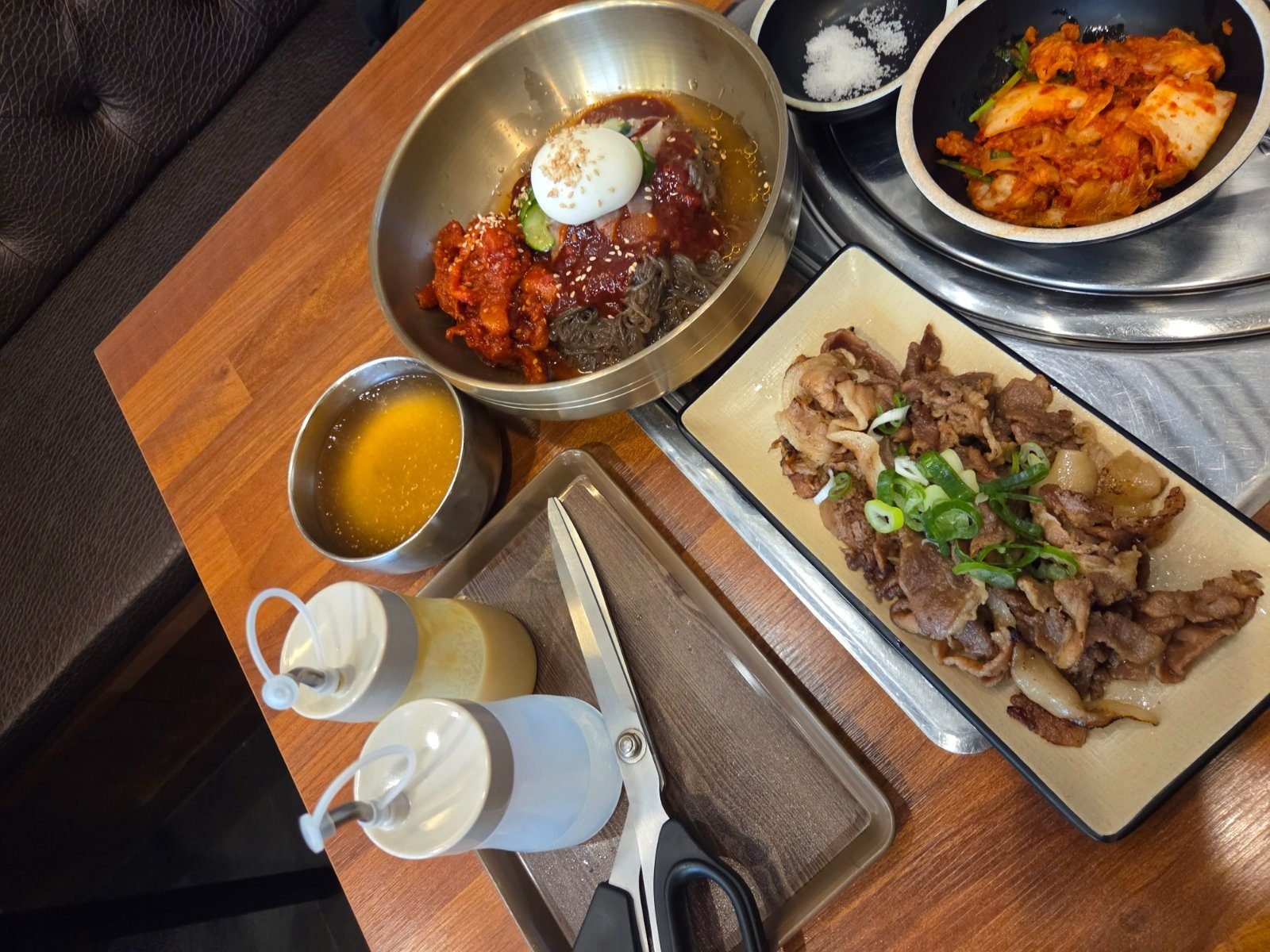 Cold noodles beside the jikhwa-gui flame-grilled beef that comes with the 17,000 won set