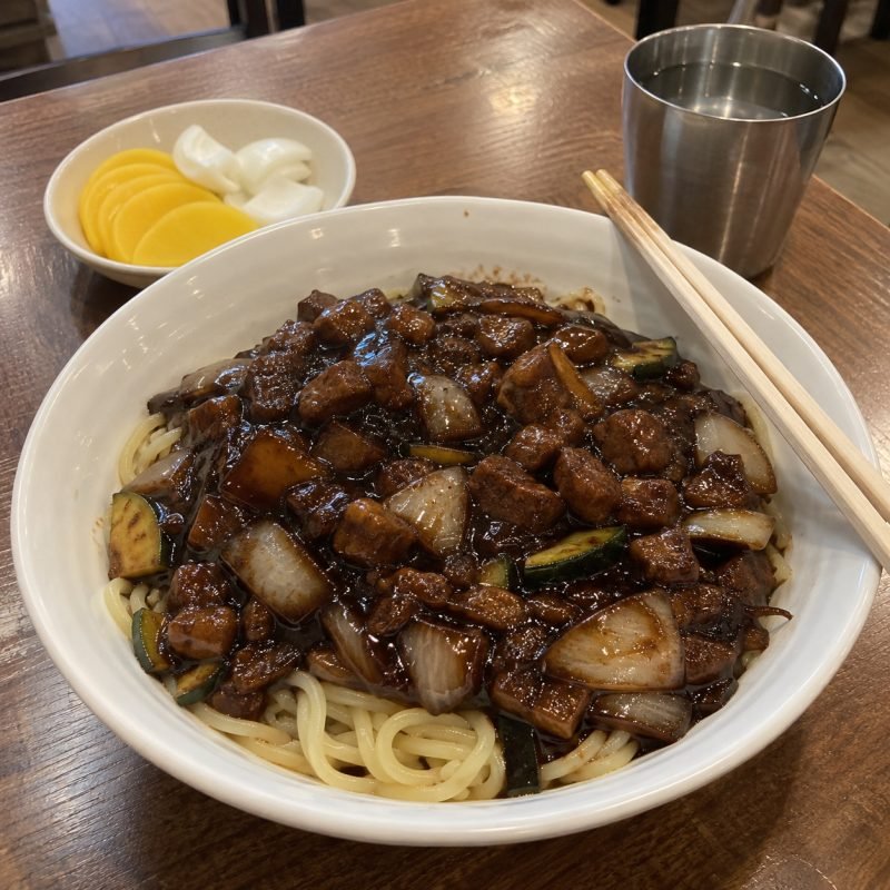 Jajangmyeon noodles with dark sauce and vegetables, with pickled radish and onion alongside